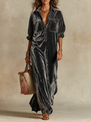 Women's French-style Solid Color Lapel Velvet Maxi Dress ZMZ2846H3XT