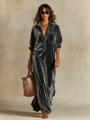 Women's French-style Solid Color Lapel Velvet Maxi Dress ZMZ2846H3XT