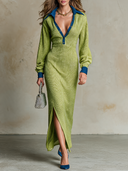 Women's French-style Relaxed Color-blocked Ribbed Knit Maxi Dress ZMZ2890H9XT