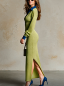 Women's French-style Relaxed Color-blocked Ribbed Knit Maxi Dress ZMZ2890H9XT