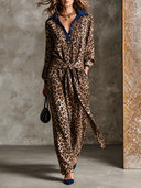 Women's Western-Style Leopard Print Long-Sleeve Lace-Up Maxi Dress ZMZ2882H3XT