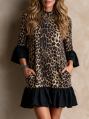 Women's Retro Casual Leopard Print Patchwork Ruffled Long Sleeve Round Neck Pullover Mini Dress ZMZ2864H6ZJY