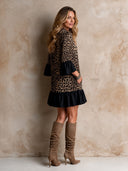 Women's Retro Casual Leopard Print Patchwork Ruffled Long Sleeve Round Neck Pullover Mini Dress ZMZ2864H6ZJY