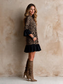 Women's Retro Casual Leopard Print Patchwork Ruffled Long Sleeve Round Neck Pullover Mini Dress ZMZ2864H6ZJY