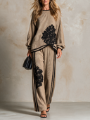 Women's Knitted Floral Lace Patchwork Top And Wide-Leg Pants Two-Piece Set ZMZ2736H0XT