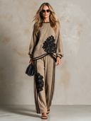 Women's Knitted Floral Lace Patchwork Top And Wide-Leg Pants Two-Piece Set ZMZ2736H0XT