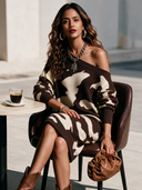 Women's Vintage Elegant Cow-Print One-Shoulder Long-Sleeve Knit Loose Midi Dress ZMZ2805H0ZYY