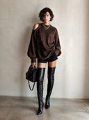 Women's Stylish Brown Ribbed Knit Long-Sleeve Top ZMZ2895H6SWL