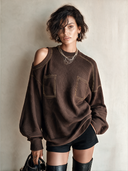 Women's Stylish Brown Ribbed Knit Long-Sleeve Top ZMZ2895H6SWL