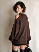 Women's Stylish Brown Ribbed Knit Long-Sleeve Top ZMZ2895H6SWL