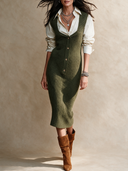 Women's Retro Casual Cotton Yarn Knit V-Neck Sleeveless Dress And Long-Sleeved Shirt Set ZMZ2855H4ZJY