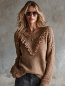 Women's French-style Solid Color Lace Ruffled V-neck Long-sleeved Sweater ZMZ2717H8XT