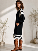Women's Vintage-Style Round Neck And Lantern Sleeves Black And White Knit Loose Midi Dress ZMZ2869H7ZYY