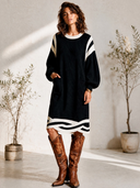 Women's Vintage-Style Round Neck And Lantern Sleeves Black And White Knit Loose Midi Dress ZMZ2869H7ZYY