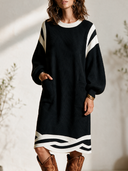 Women's Vintage-Style Round Neck And Lantern Sleeves Black And White Knit Loose Midi Dress ZMZ2869H7ZYY