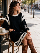 Women's Vintage-Style Round Neck And Lantern Sleeves Black And White Knit Loose Midi Dress ZMZ2869H7ZYY