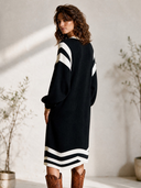 Women's Vintage-Style Round Neck And Lantern Sleeves Black And White Knit Loose Midi Dress ZMZ2869H7ZYY