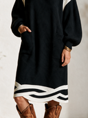Women's Vintage-Style Round Neck And Lantern Sleeves Black And White Knit Loose Midi Dress ZMZ2869H7ZYY