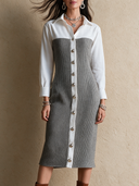 Women's Retro Casual Cotton Yarn Knit Patchwork Collared Shirt Midi Dress ZMZ2857H1ZJY