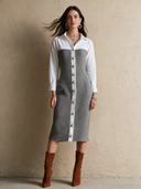 Women's Retro Casual Cotton Yarn Knit Patchwork Collared Shirt Midi Dress ZMZ2857H1ZJY