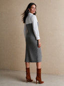 Women's Retro Casual Cotton Yarn Knit Patchwork Collared Shirt Midi Dress ZMZ2857H1ZJY