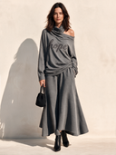 Women's Stylish Grey Knit Blend Set: Embroidered One-Shoulder Top And Skirt ZMZ2865H6SWL
