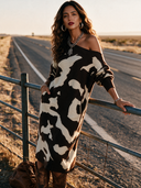 Women's Vintage Elegant Cow-Print One-Shoulder Long-Sleeve Knit Loose Midi Dress ZMZ2805H0ZYY