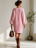 Women's French-style Elegant Round Neck, Lantern Sleeves, And An Adjustable Tie-waist Knit Mini Dress ZMZ2802H7ZYY