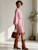 Women's French-style Elegant Round Neck, Lantern Sleeves, And An Adjustable Tie-waist Knit Mini Dress ZMZ2802H7ZYY