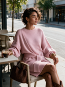 Women's French-style Elegant Round Neck, Lantern Sleeves, And An Adjustable Tie-waist Knit Mini Dress ZMZ2802H7ZYY