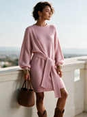 Women's French-style Elegant Round Neck, Lantern Sleeves, And An Adjustable Tie-waist Knit Mini Dress ZMZ2802H7ZYY