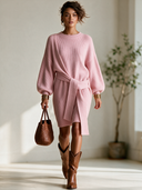 Women's French-style Elegant Round Neck, Lantern Sleeves, And An Adjustable Tie-waist Knit Mini Dress ZMZ2802H7ZYY