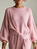 Women's French-style Elegant Round Neck, Lantern Sleeves, And An Adjustable Tie-waist Knit Mini Dress ZMZ2802H7ZYY