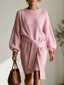 Women's French-style Elegant Round Neck, Lantern Sleeves, And An Adjustable Tie-waist Knit Mini Dress ZMZ2802H7ZYY