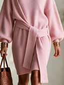 Women's French-style Elegant Round Neck, Lantern Sleeves, And An Adjustable Tie-waist Knit Mini Dress ZMZ2802H7ZYY