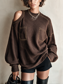 Women's Stylish Brown Ribbed Knit Long-Sleeve Top ZMZ2895H6SWL