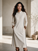 Women's French-style Elegant Two-piece Set : Zip-neck Midi Dress In Air-layer Fabric And A Detachable Knit Shawl ZMZ2843H1ZYY