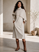 Women's French-style Elegant Two-piece Set : Zip-neck Midi Dress In Air-layer Fabric And A Detachable Knit Shawl ZMZ2843H1ZYY