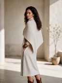 Women's French-style Elegant Two-piece Set : Zip-neck Midi Dress In Air-layer Fabric And A Detachable Knit Shawl ZMZ2843H1ZYY