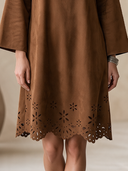Women's Vintage Western-Style Faux Suede Square Neck, Flared Sleeves, And Cut-Out Embroidery At The Hem Midi Dress ZMZ2826H7ZYY