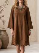 Women's Vintage Western-Style Faux Suede Square Neck, Flared Sleeves, And Cut-Out Embroidery At The Hem Midi Dress ZMZ2826H7ZYY