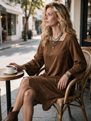 Women's Vintage Western-Style Faux Suede Square Neck, Flared Sleeves, And Cut-Out Embroidery At The Hem Midi Dress ZMZ2826H7ZYY