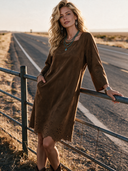 Women's Vintage Western-Style Faux Suede Square Neck, Flared Sleeves, And Cut-Out Embroidery At The Hem Midi Dress ZMZ2826H7ZYY
