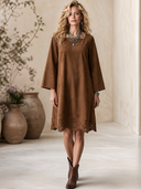 Women's Vintage Western-Style Faux Suede Square Neck, Flared Sleeves, And Cut-Out Embroidery At The Hem Midi Dress ZMZ2826H7ZYY