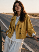 Women's Vintage-Style Faux Suede Lapel And Lantern Sleeves Double-Breasted Jacket ZMZ2844H8ZYY