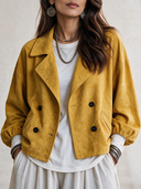 Women's Vintage-Style Faux Suede Lapel And Lantern Sleeves Double-Breasted Jacket ZMZ2844H8ZYY