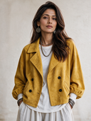 Women's Vintage-Style Faux Suede Lapel And Lantern Sleeves Double-Breasted Jacket ZMZ2844H8ZYY