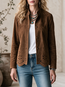 Women's Vintage Western-Style Stand Collar And Cut-Out Embroidery At The Hem Faux Suede Jacket ZMZ2877H0ZYY