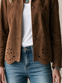 Women's Vintage Western-Style Stand Collar And Cut-Out Embroidery At The Hem Faux Suede Jacket ZMZ2877H0ZYY