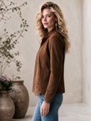Women's Vintage Western-Style Stand Collar And Cut-Out Embroidery At The Hem Faux Suede Jacket ZMZ2877H0ZYY